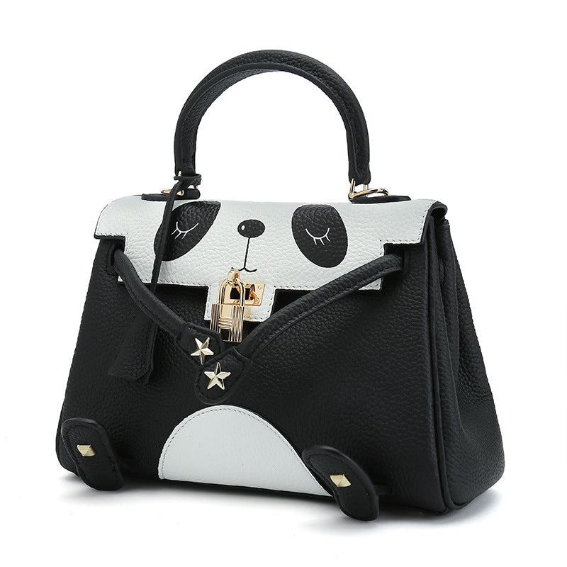 Women's bag 2023 new leather panda bag head layer cowhide spoof kelly bag niche handbag shoulder crossbody bag