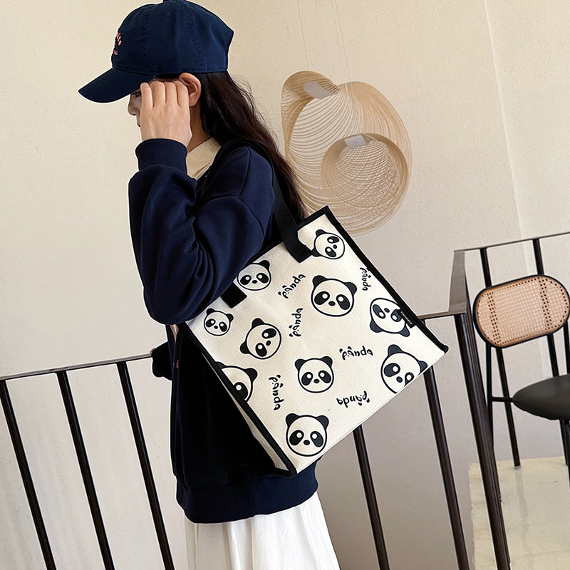 Panda Print Canvas Shoulder Bag for Women - Spacious and Stylish Tote Bag for Commuting, Casual Travel, and Daily Use